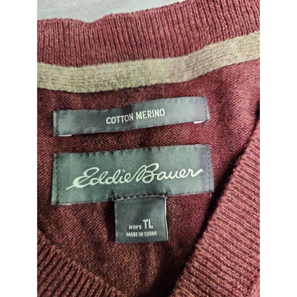 Eddie Bauer Mens V- Neck Burgundy Cotton Merino Sweater size Tall Large EUC - Picture 6 of 8